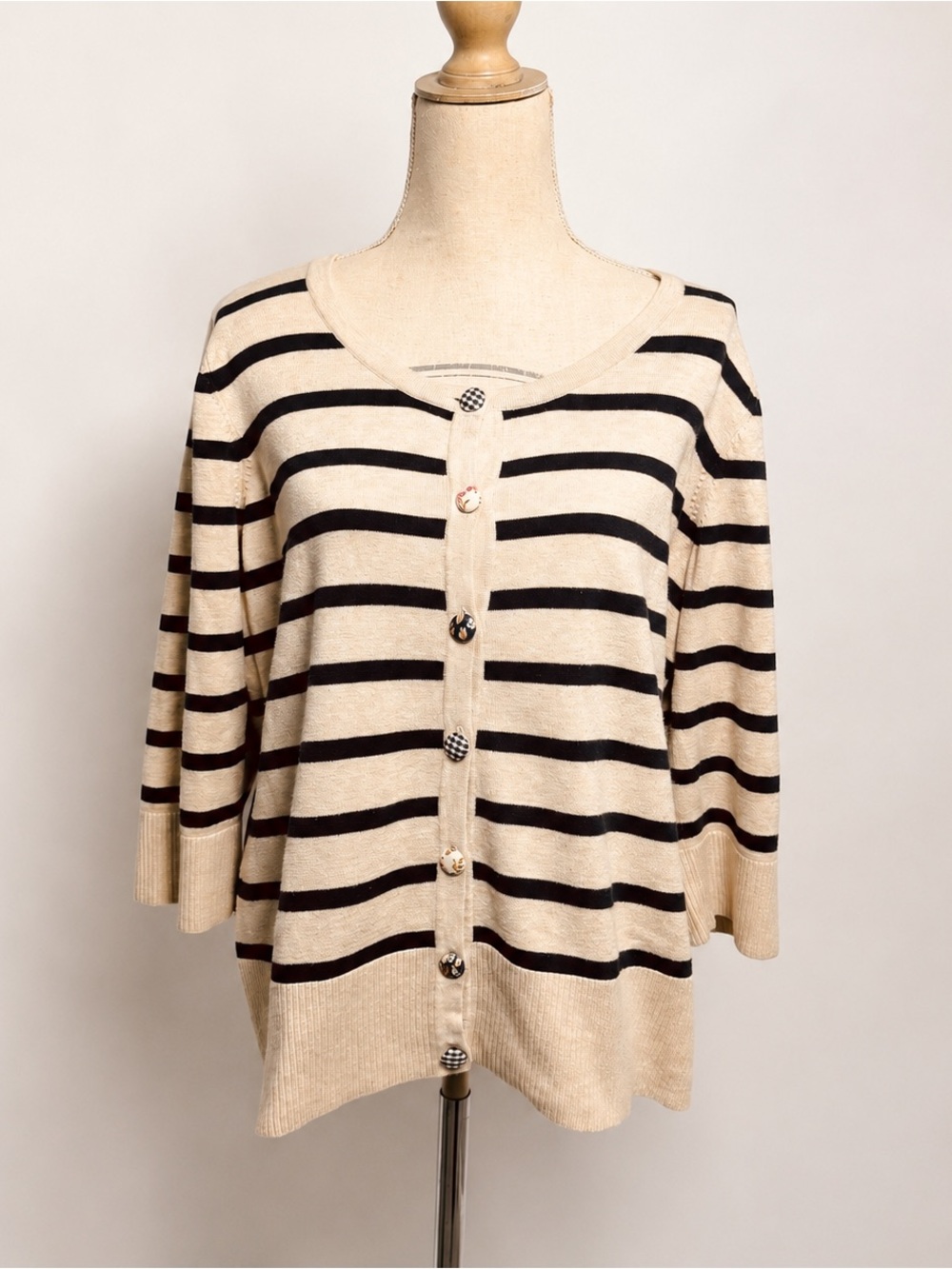 Christopher & Bsnks Cream Navy Striped Cotton Cardigan XL Preppy Novelty Buttons